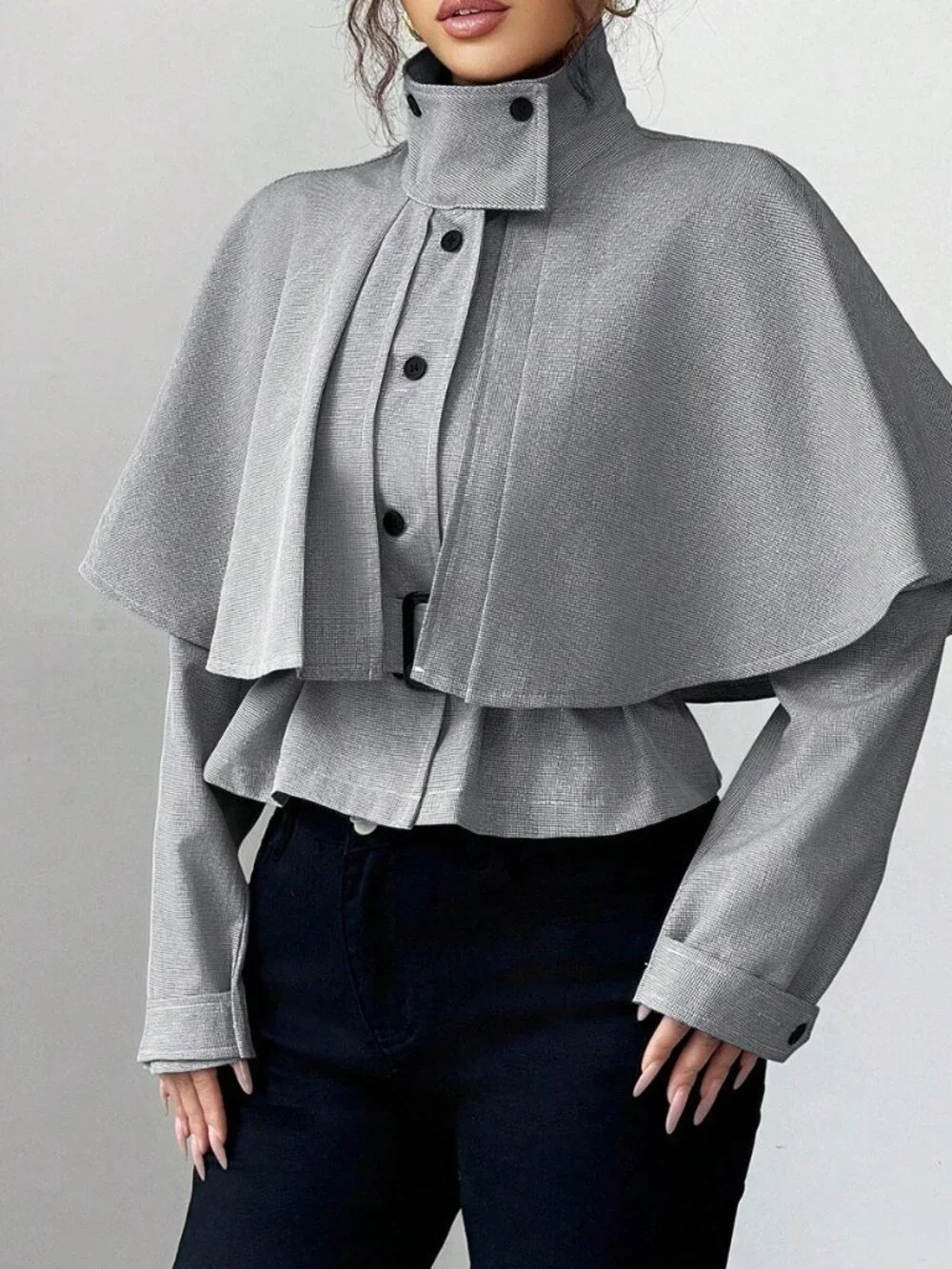 Black And White Casual Women's Houndstooth Cropped Waist Cape